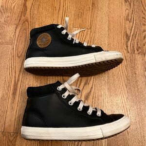 Converse All Star Black Leather Mid High Tops, Women’s Size 6, Kids Size 4